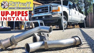 2001 F350 73  RiffRaff UpPipes Install  Stock up pipes leaking and falling apart JUNK SP [upl. by Lerrej]